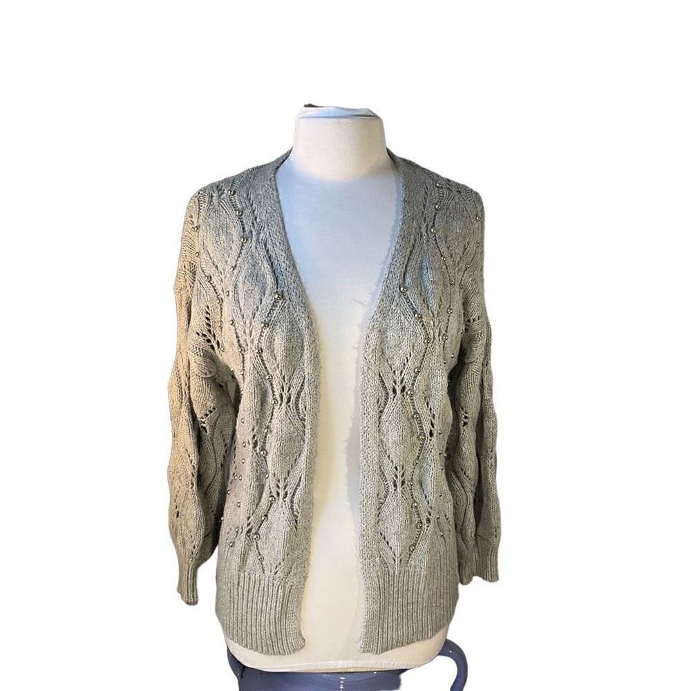Cable Knit Beaded Open VNeck Oversize Cardigan, XS. Grey. Softgirl, Pastelgoth